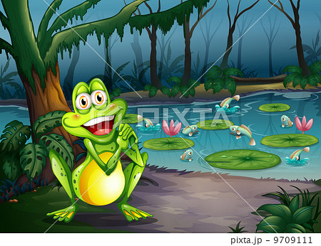 A playful frog at the forest standing near the pond A playful frog at the forest standing near the pond 9709111