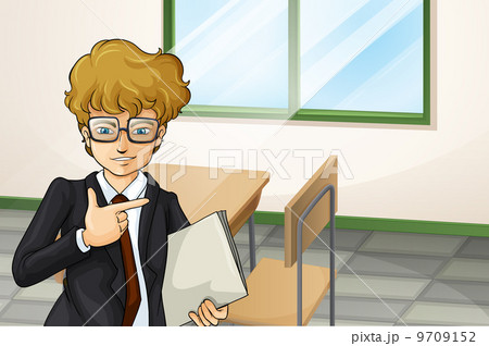 A businessman with a binder standing near the wooden chair and t A businessman with a binder standing near the wooden chair and t 9709152