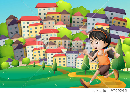 A hilltop with a girl running across the buildings A hilltop with a girl running across the buildings 9709246