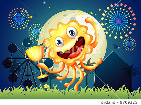A happy monster at the carnival holding a trophy 9709325