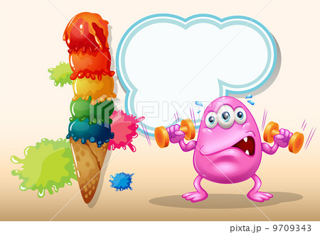 A pink monster exercising near the giant icecream 9709343