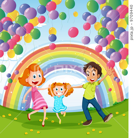 A happy family near the rainbow and balloons 9709440