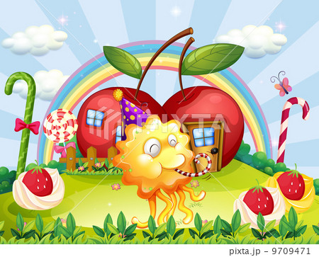 Apple houses at the hilltop at the back of the playful monster 9709471