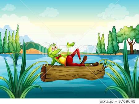 A playful frog lying above the trunk that is floating 9709649