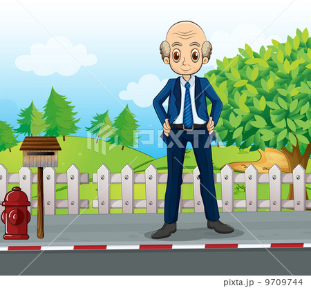 A bald business icon standing at the road near the wooden mailbo 9709744
