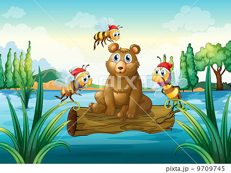 A bear riding on a trunk floating in the river 9709745
