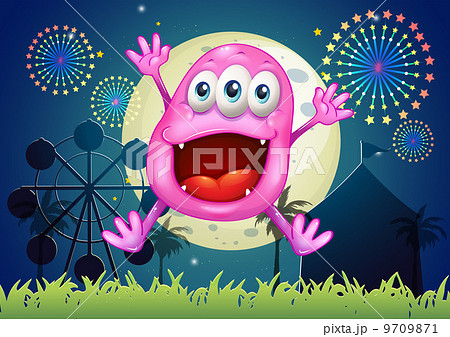 An amusement park with a very happy beanie monster 9709871