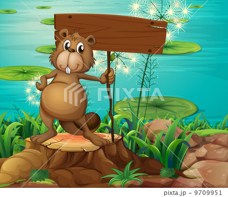 A beaver above the stump holding an empty signboard A beaver above the stump holding an empty signboard 9709951
