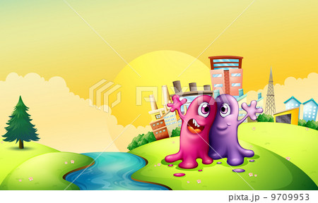 Two monsters at the riverbank near the tall factories 9709953