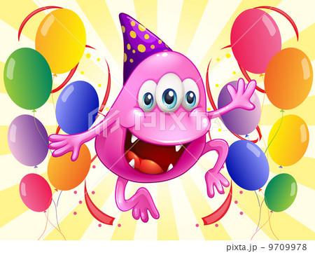 A pink beanie monster in the middle of the balloons A pink beanie monster in the middle of the balloons 9709978