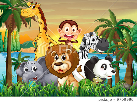 A group of animals at the riverbank with coconut trees A group of animals at the riverbank with coconut trees 9709996
