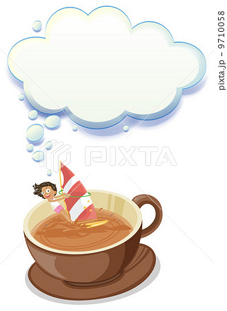 A girl enjoying inside the big cup of choco with an empty callou 9710058