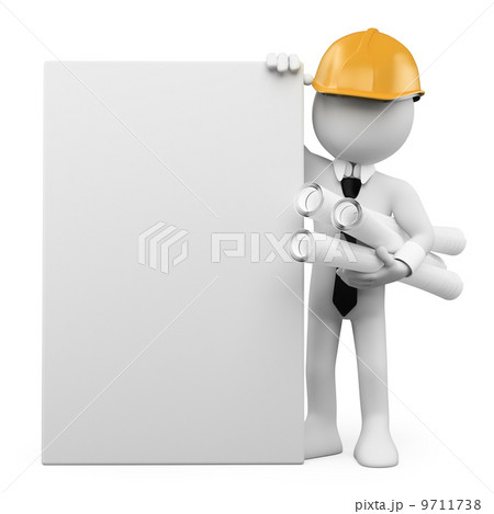 3D white people. Architect with a blank poster 9711738