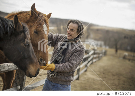 A man fixing a post and rail fence around a horse paddock. 9715075