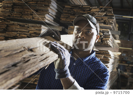 A heap of recycled reclaimed timber planks of wood. Environmentally responsible reclamation in a timber yard. A man carrying a large plank of splintered rough wood.  9715700