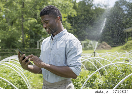 An organic horticultural nursery and farm outside Woodstock. A man using a digital tablet. An organic horticultural nursery and farm outside Woodstock. A man using a digital tablet. 9716334