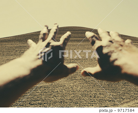 Hands extending reaching out towards ploughed farmland, near Pullman, Washington, USA 9717584