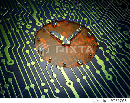 Time concept: Clock on circuit board background Time concept: Clock on circuit board background 9722763