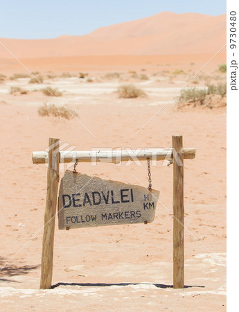 Sign of the Deadvlei (Sossusvlei), the famous red dunes of Namib 9730480
