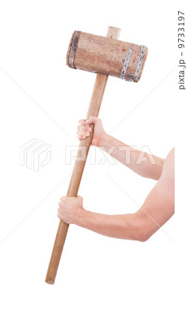 Man with very old wooden hammer isolated Man with very old wooden hammer isolated 9733197