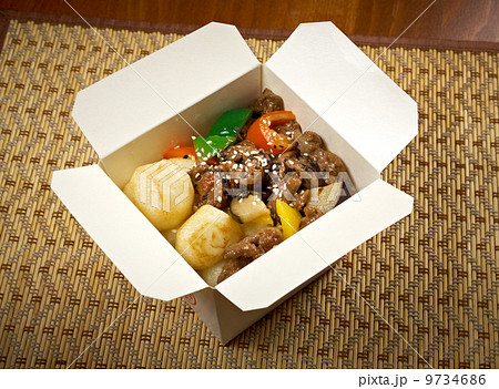 take-out food - Beef slice  and potato. 9734686