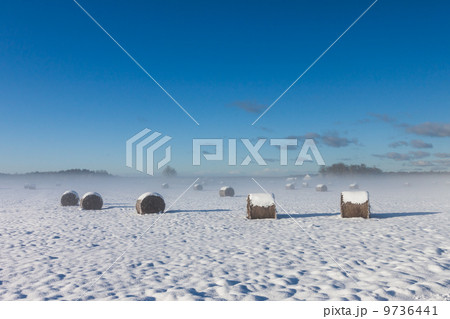 snowy hay bales with fog 9736441