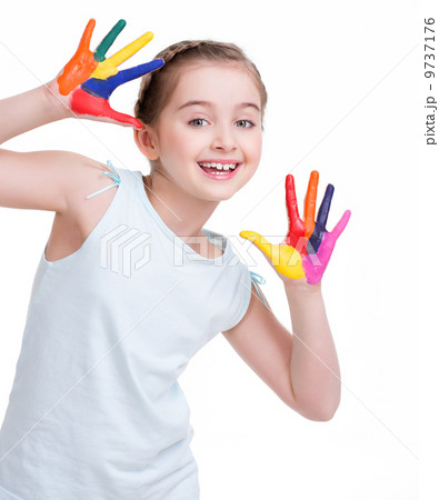 Happy pretty little girl with painted hands. Happy pretty little girl with painted hands. 9737176