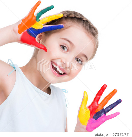 Happy pretty little girl with painted hands. Happy pretty little girl with painted hands. 9737177