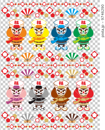 縁起のいいキャラクター 沖縄の伝統衣装 琉装 を着た福達磨と扇子 おめでたいイラストデザイン素材集のイラスト素材