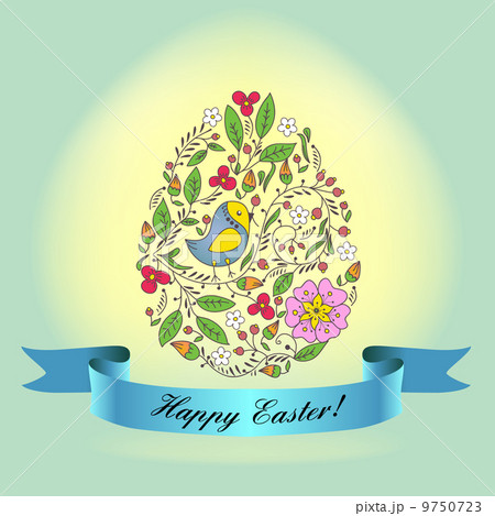 egg with a blue ribbon. Easter Greeting Card 9750723