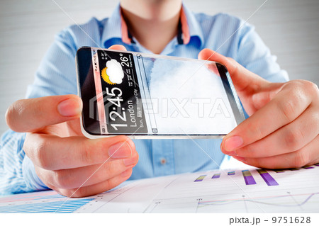Smartphone with transparent screen in human hands. 9751628