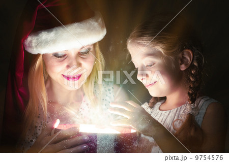 mother and daughter opened a box with a gift 9754576