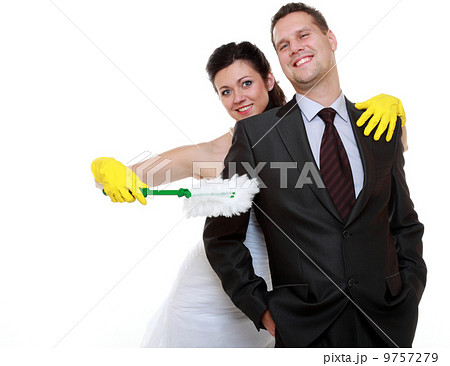 Young couple bride groom household chores isolated 9757279