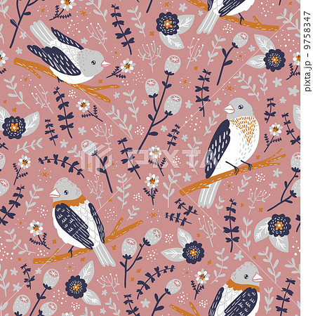 Beautiful birds and flower berries pattern 9758347