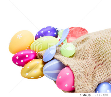 pile of colorful easter eggs in pouch 9759366