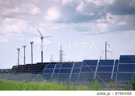 real solar panels and windmill 9760488