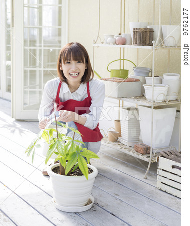 鉢植えに水やりする女性 9762177