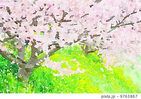 土手の桜 水彩画のイラスト素材
