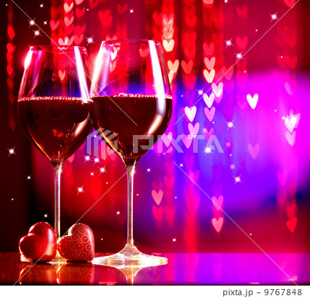 Valentine's Day Celebrating. Two Glasses of Red Wine 9767848