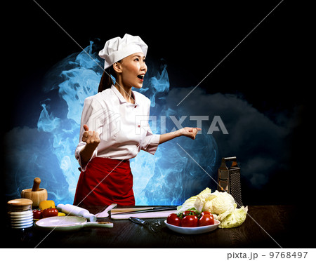 Asian woman furious cook, collage Asian woman furious cook, collage 9768497