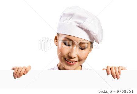 female chef holding a poster for text 9768551