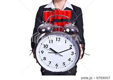 Woman with dynamite and clock on white 9769007