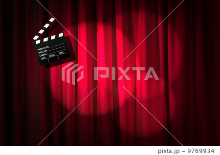 Movie clapper board against curtain Movie clapper board against curtain 9769934