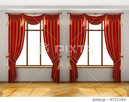 Interior with two big windows and red elegant portiere Interior with two big windows and red elegant portiere 9771164