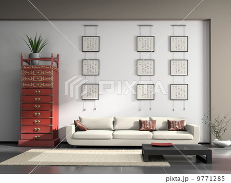 Home interior with Chinese furniture 3D rendering 9771285