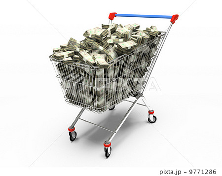 Shop pushcart with dollars 3D rendering Shop pushcart with dollars 3D rendering 9771286