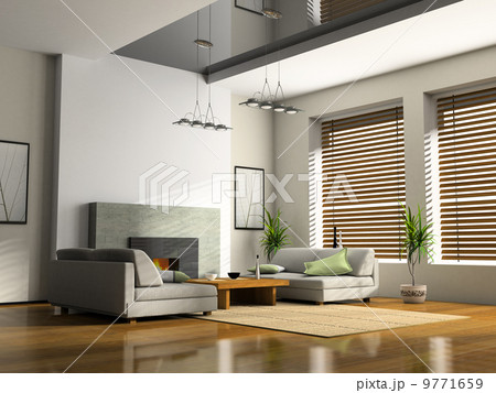 Home interior with fireplace and sofas 3D rendering 9771659