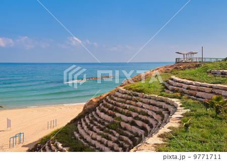 Stone terrace on promenade in Ashqelon, Israel. 9771711