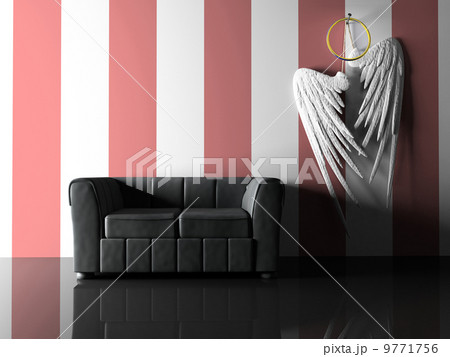 Interior with black sofa and pair wings 9771756