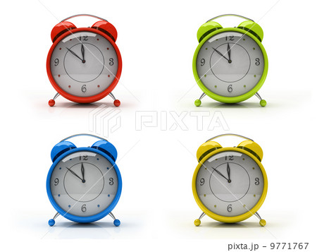 Four colourful alarm clocks isolated on white background 3D 9771767